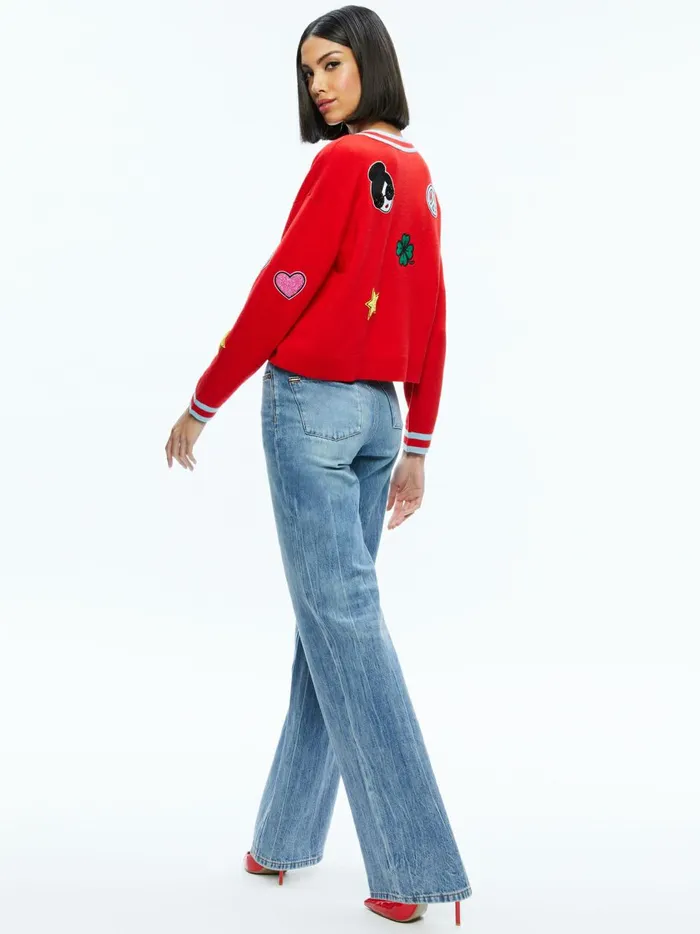 Womens Sweaters Alice Olivia Gleeson Staceface Patch Pullover Bright Rubystripe