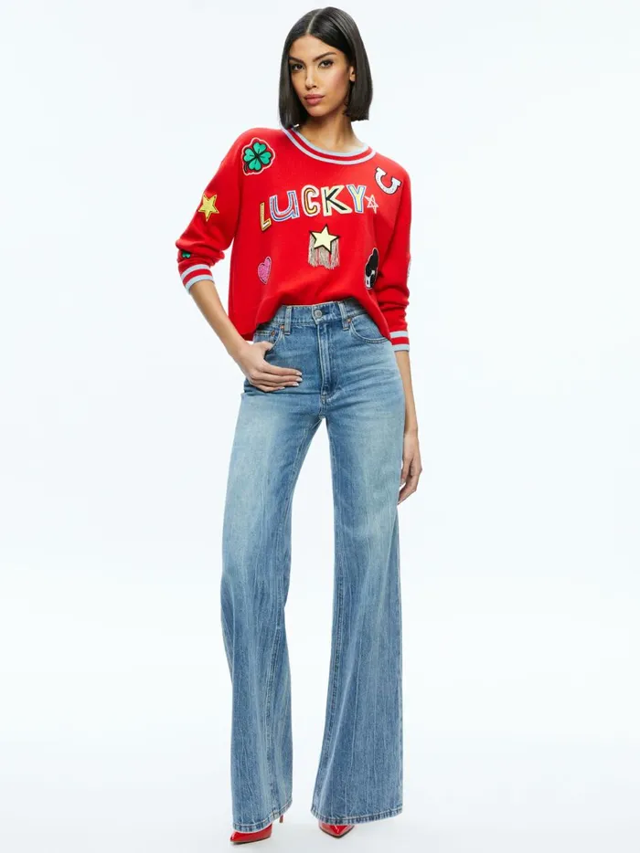 Womens Sweaters Alice Olivia Gleeson Staceface Patch Pullover Bright Rubystripe