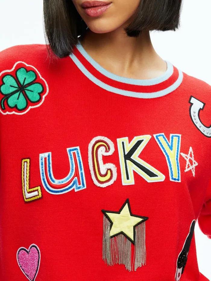 Womens Sweaters Alice Olivia Gleeson Staceface Patch Pullover Bright Rubystripe