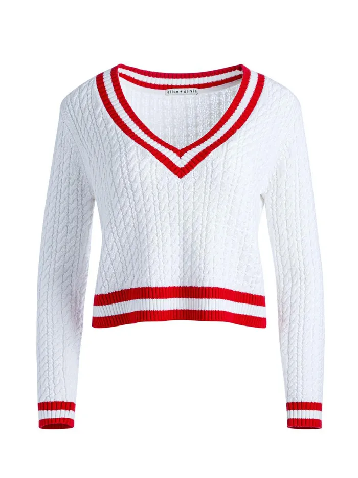 Womens Sweaters Alice Olivia Marika Cable Knit VNeck Pullover Soft Whiteperfect Ruby Womens Sweaters Alice Olivia Marika Cable Knit VNeck Pullover Soft Whiteperfect Ruby