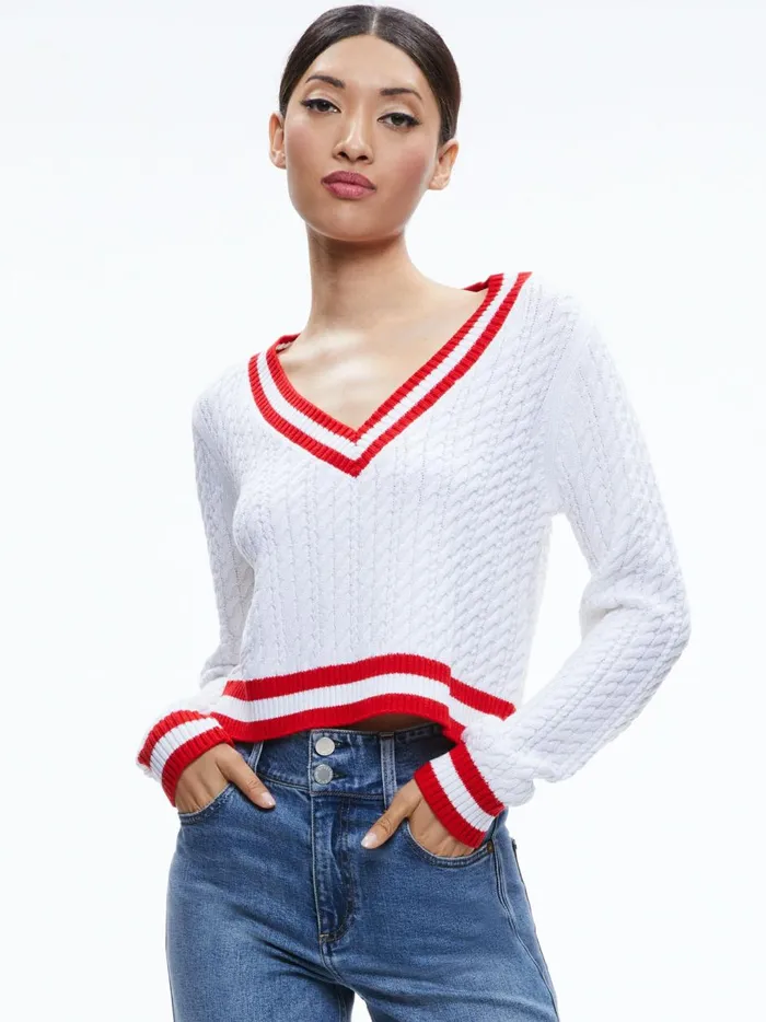 Womens Sweaters Alice Olivia Marika Cable Knit VNeck Pullover Soft Whiteperfect Ruby