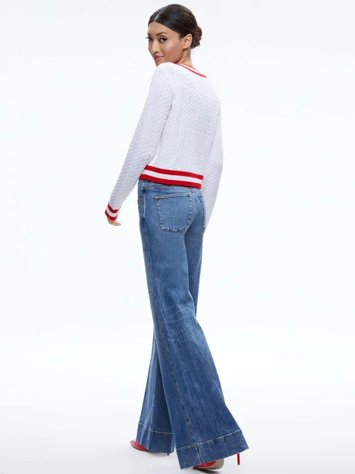 Womens Sweaters Alice Olivia Marika Cable Knit VNeck Pullover Soft Whiteperfect Ruby