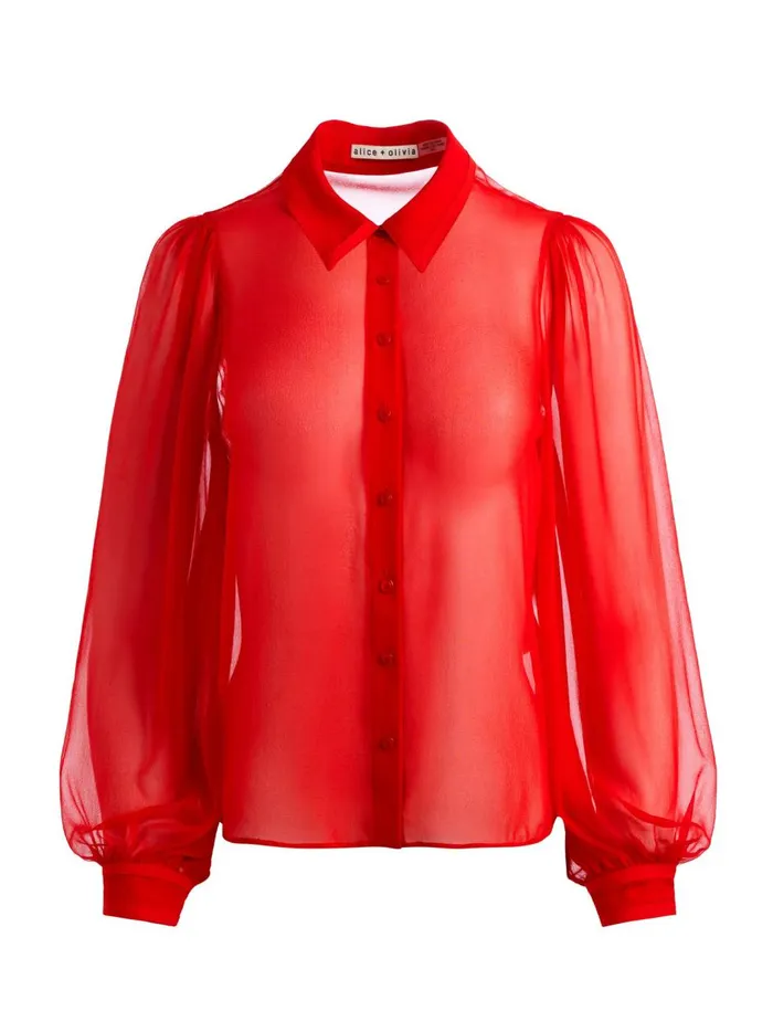 Womens Tops Alice Olivia Roanne Blouson Sleeve Button Down Bright Ruby