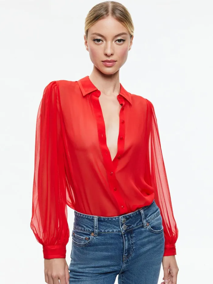 Womens Tops Alice Olivia Roanne Blouson Sleeve Button Down Bright Ruby