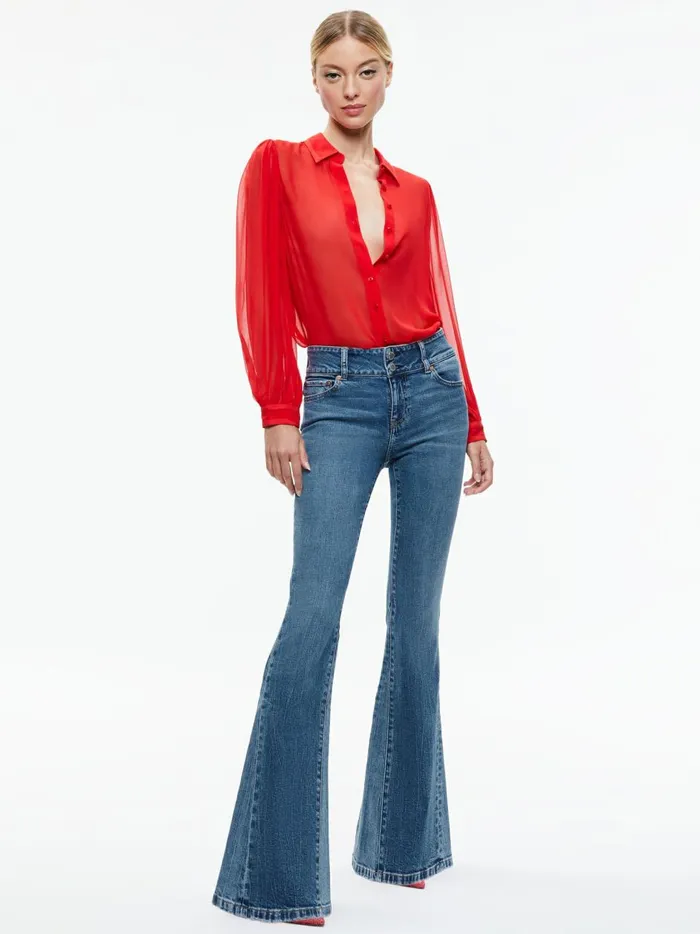 Womens Tops Alice Olivia Roanne Blouson Sleeve Button Down Bright Ruby