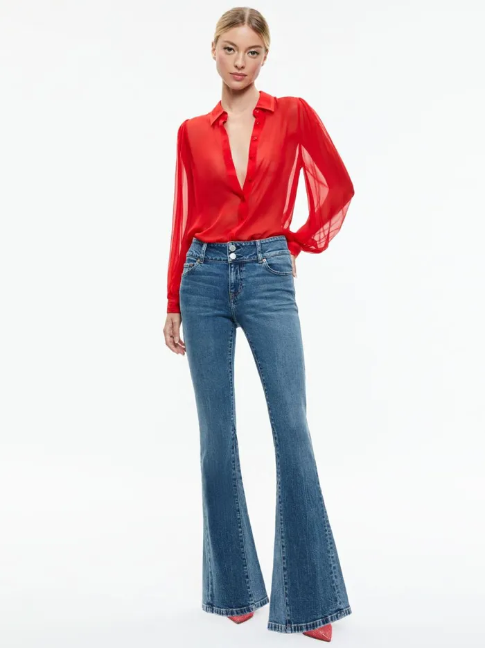 Womens Tops Alice Olivia Roanne Blouson Sleeve Button Down Bright Ruby