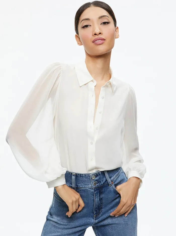 Womens Tops Alice Olivia Roanne Blouson Sleeve Button Down Ecru