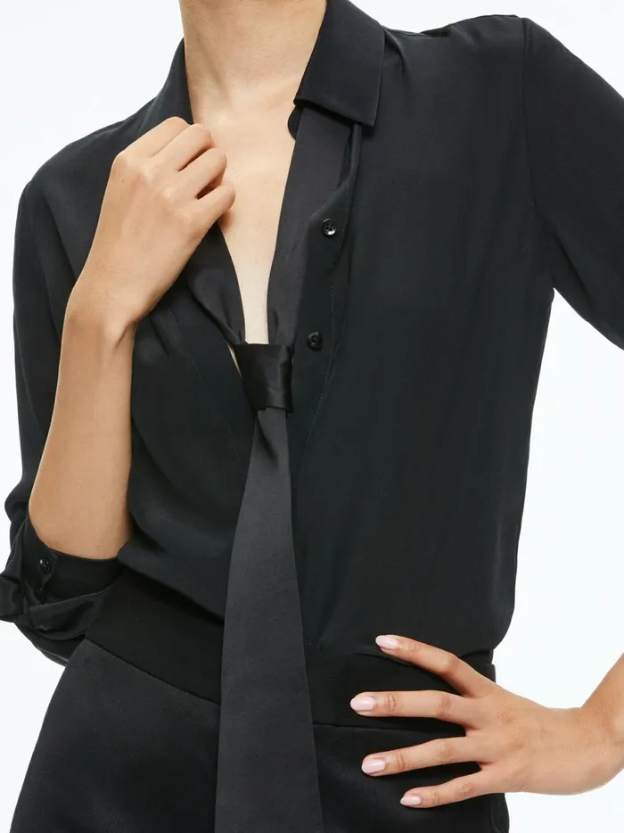 Womens Tops Alice Olivia Willa Placket Top With Tie Blackblack