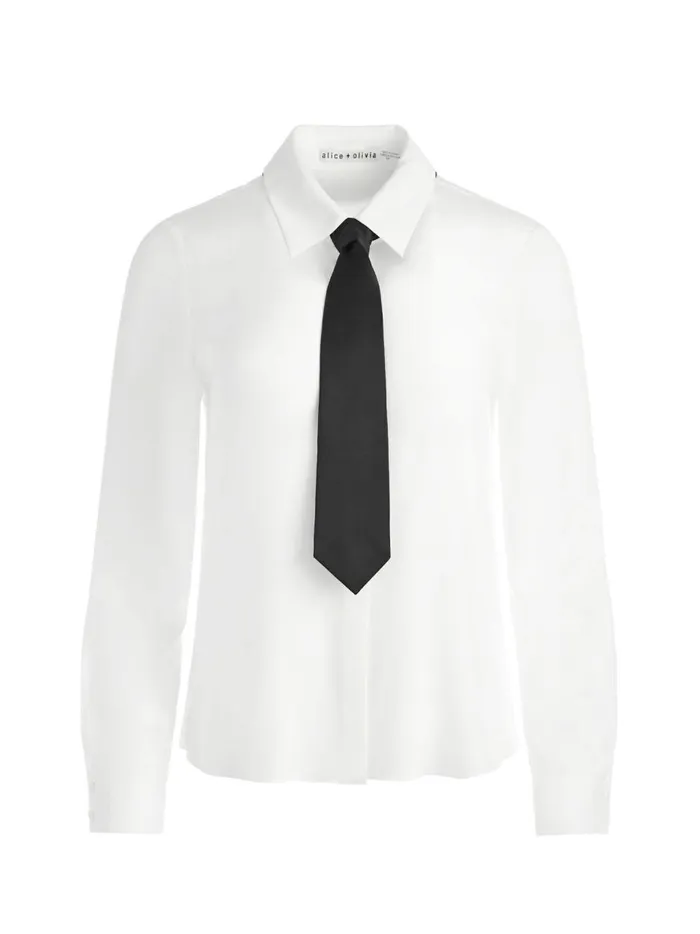 Womens Tops Alice Olivia Willa Placket Top With Tie Ecrublack