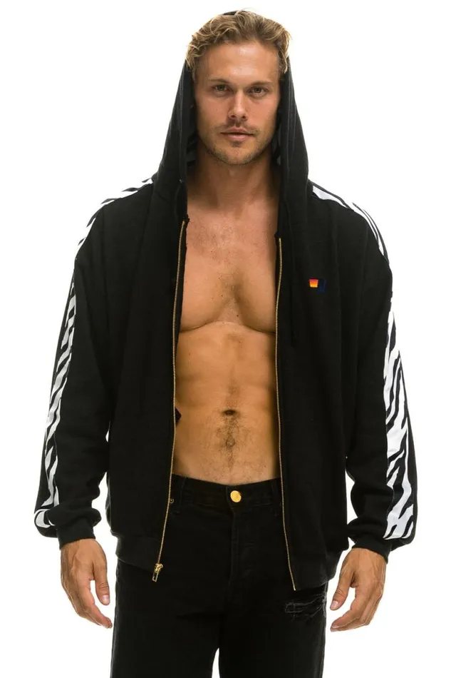 Zebra Stripe Relaxed Zip Hoodie With Pockets 8211 Black Zebra WomenMen Aviator Nation Hoodies