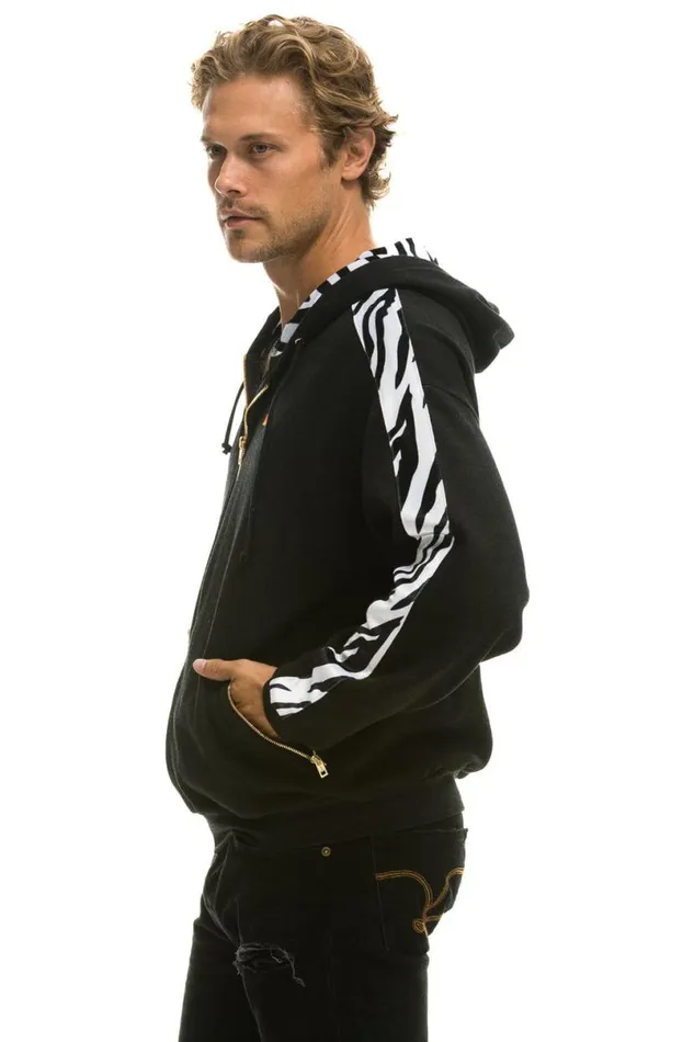 Zebra Stripe Relaxed Zip Hoodie With Pockets 8211 Black Zebra WomenMen Aviator Nation Hoodies