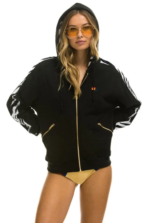 Zebra Stripe Relaxed Zip Hoodie With Pockets 8211 Black Zebra WomenMen Aviator Nation Hoodies