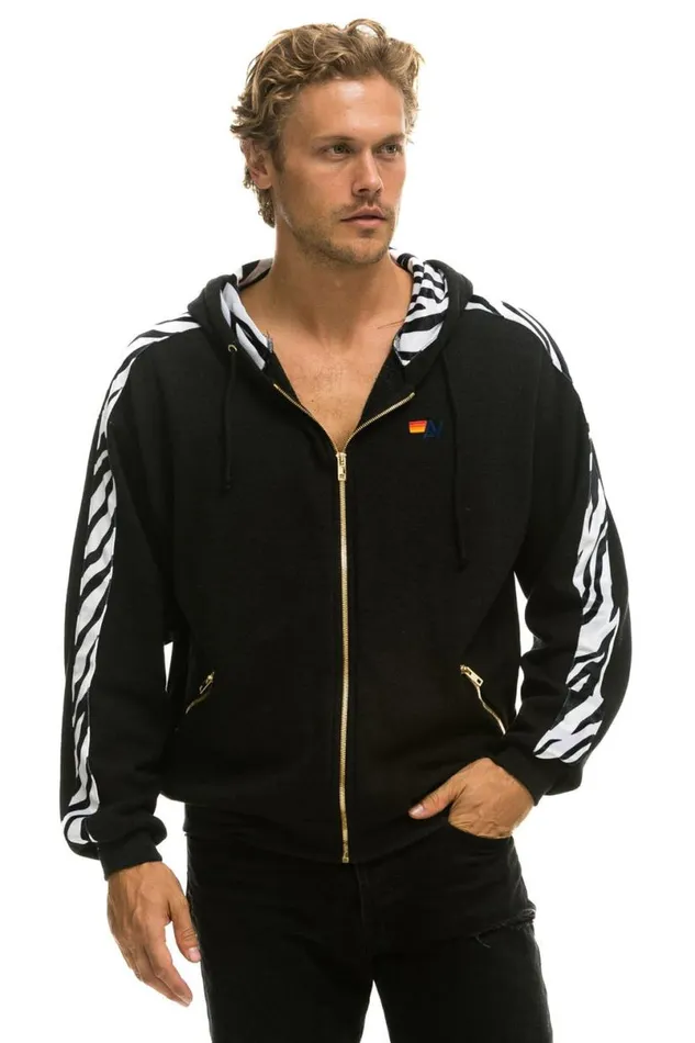 Zebra Stripe Relaxed Zip Hoodie With Pockets 8211 Black Zebra WomenMen Aviator Nation Hoodies