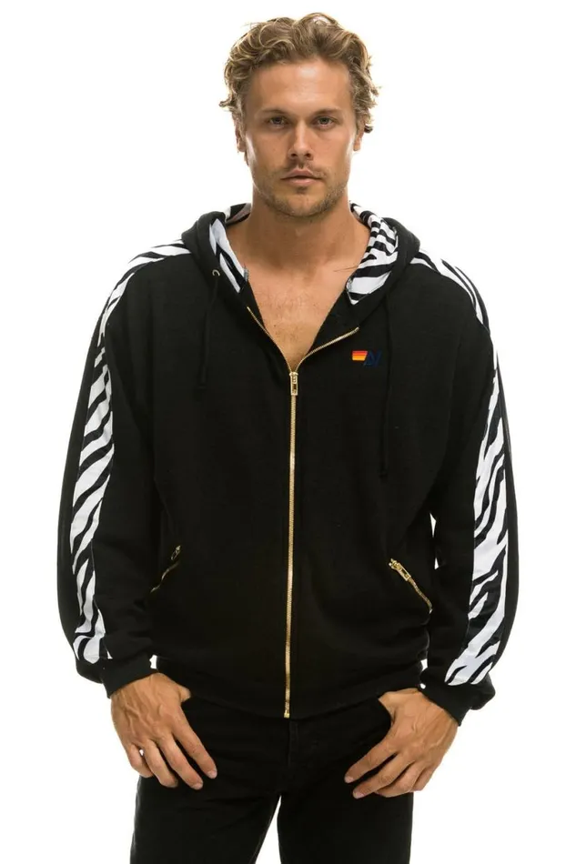 Zebra Stripe Relaxed Zip Hoodie With Pockets 8211 Black Zebra WomenMen Aviator Nation Hoodies